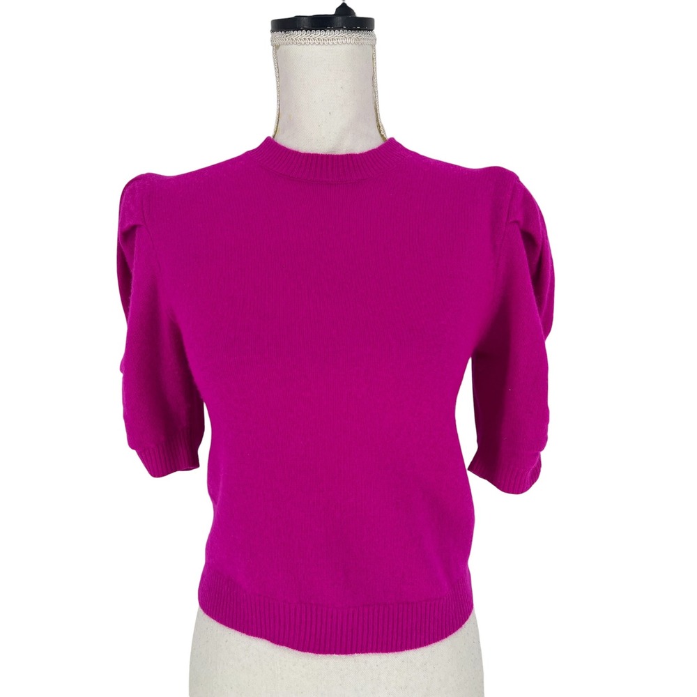 FRAME Frankie Ruched Sleeve Cashmere Sweater Magenta Puff Sleeve Knit XS - Picture 4 of 13